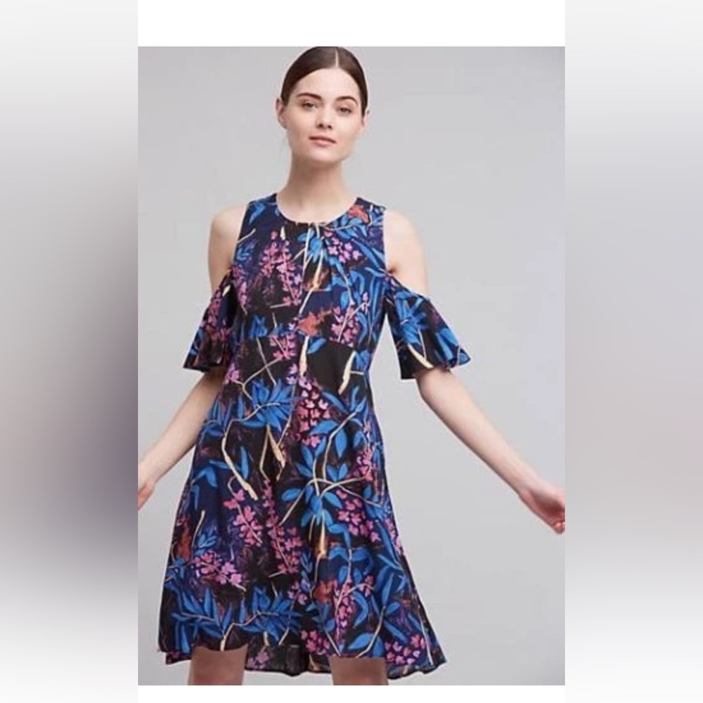 Anthropologie Maeve Elia Dress Floral Cold Shoulder Swing Summer sun dress SZ 14